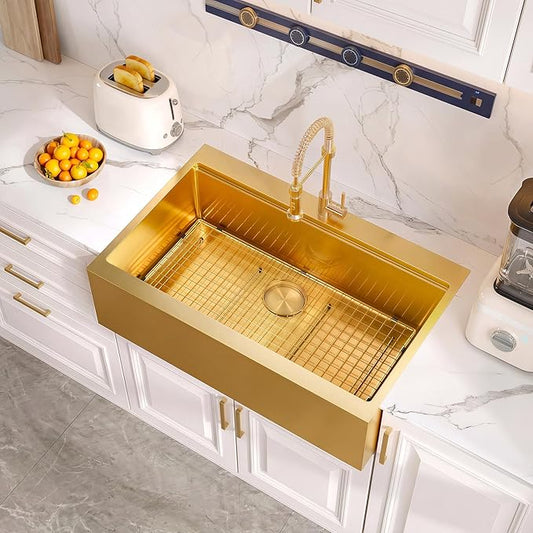 Rhbamoa 30 Inch Gold Farmhouse Sink,16 Gauge T304 Gold Single Bowl Apron Front Farm Sink,10 Inch Depth Topmount Farmhouse Kitchen Sinks with All Accessories