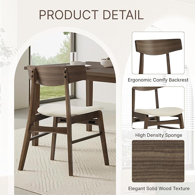 KISLOT Wooden Dining Chairs Set of 6, Upholstered Modern Dining Room Chairs, Mid Century Oak Kitchen Chairs with Curved Wood Backrest for Kitchen, Restaurant, Farmhouse (Cream Fabric & Walnut Color)