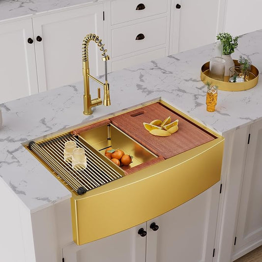 HEARCATE 30 Inch Luxury Gold Farmhouse Sink 16 Gauge Stainless Steel Workstation Undermount Apron Front Gold Kitchen Sink 10 Inch Deep Single Bowl Farm Sink