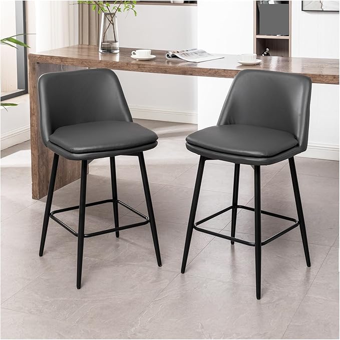 Counter Height Swivel Bar Stools Set of 2, 360° Swivel Upholstered Barstools with Back and Metal Legs, 25.6" Seat Height,Counter Stools for Kitchen Island and Pub,Faux Leather,Grey,for Living Room