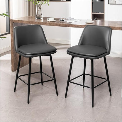 Counter Height Swivel Bar Stools Set of 2, 360° Swivel Upholstered Barstools with Back and Metal Legs, 25.6" Seat Height,Counter Stools for Kitchen Island and Pub,Faux Leather,Grey,for Living Room