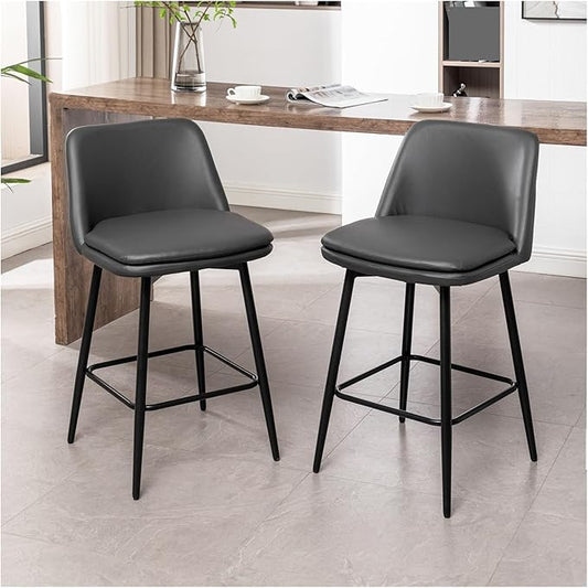 Counter Height Swivel Bar Stools Set of 2, 360° Swivel Upholstered Barstools with Back and Metal Legs, 25.6" Seat Height,Counter Stools for Kitchen Island and Pub,Faux Leather,Grey