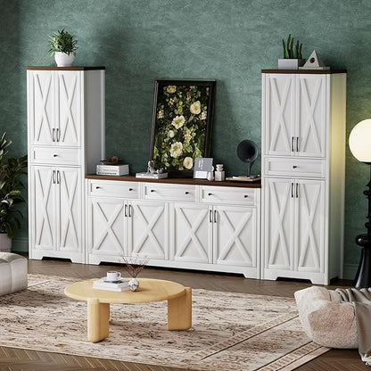 Lyromix 3 Pieces Sideboard and Pantry Set with Storage, Brown Farmhouse Wall Unit Entertainment Center, Large Kitchen Sideboard Buffet Pantry Cabinet with Drawers