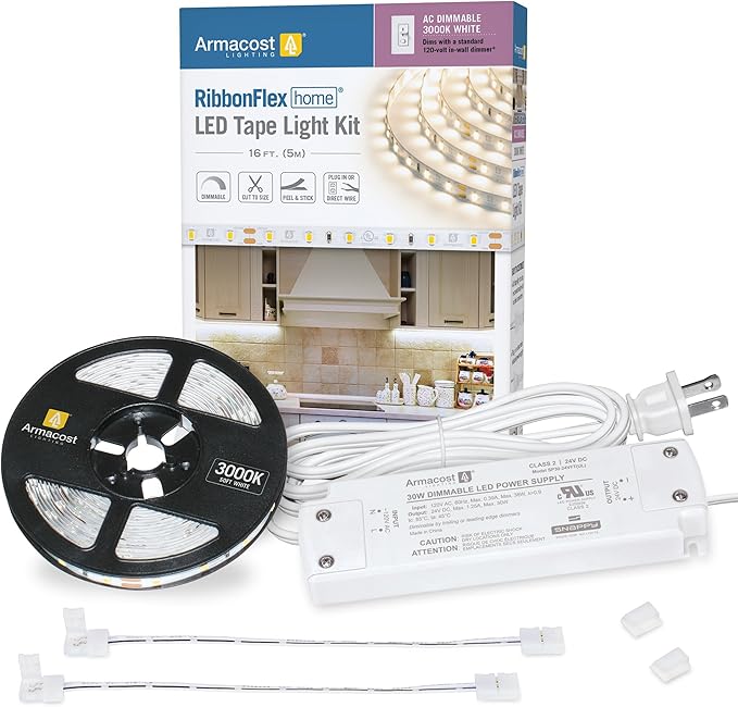 Bryant Electric RU100W tradeSELECT Under Cabinet/Counter Power Distribution Box & Armacost Lighting 421502 Ribbon Flex Home LED Tape Light Kit, 16 ft, AC Dimmable (3000K) 300 LED Lights