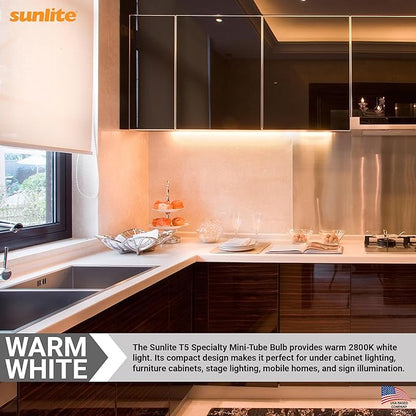 Sunlite T5 Specialty Mini-Tube Bulb, 17.9 Watts, 188 Lumens, 12.8V, C-2R Filament, Miniature Wedge W2.1x9.5d Base, Clear Finish, 2800K Soft White, For Under Cabinet Lighting and Stage Lighting, 10 Pack