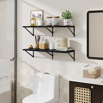 Acovy Floating Shelf for Wall,32" WX10 D Wood Floating Shelves with Sturdy Metal Bracket Set of 2,Wall Mounted Hanging Shelf for Bathroom,Bedroom,Kitchen,Black