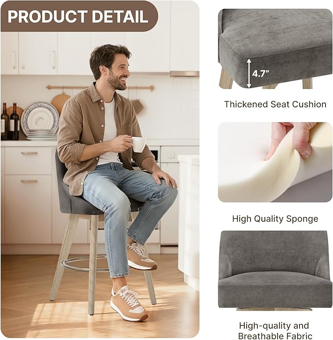 Counter Height Bar Stools Set of 4, Modern Swivel Barstools with Back and Wood Legs, Fabric Upholstered Bar Chairs, 26" Seat Height Counter Stools for Kitchen Island,Grey