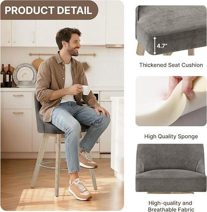 Counter Height Bar Stools Set of 2, Modern Swivel Barstools with Back and Wood Legs, Fabric Upholstered Bar Chairs, 26" Seat Height Counter Stools for Kitchen Island,Grey