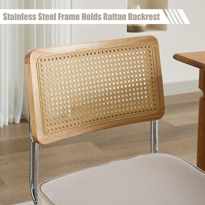 Rattan Back Velvet Dining Chair Set of 2 Modern Breuer Designed Stainless Chrome Base Armless Upholstered Dining Chair for Dining Room, Kitchen Island(Beige)