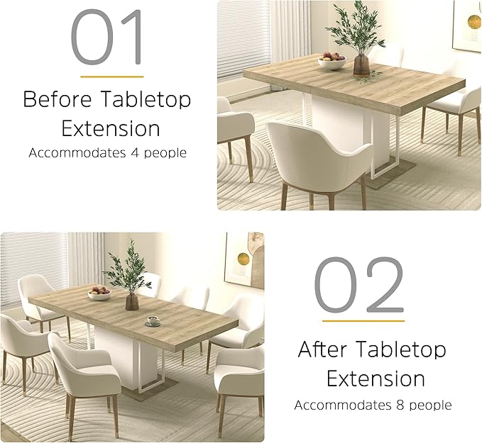 78.74" Wooden Extendable Dining Table for 8-10 People, Modern Farmhouse Expandable Kitchen Table with White Pedestal Base, Long Large Rectangular Extendable Kitchen Dining Room Table, Light Oak