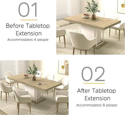 78.74" Wooden Extendable Dining Table for 8-10 People, Modern Farmhouse Expandable Kitchen Table with White Pedestal Base, Long Large Rectangular Extendable Kitchen Dining Room Table, Light Oak