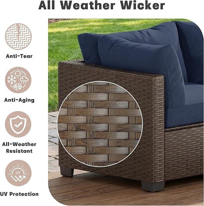 Patio Furniture Set, 7-Piece Outdoor Sectional Couch with Coffee Table & Thick Cushions, Outdoor Wicker Conversation Set for Backyard, Poolside, Garden (Brown-Navy, 7 Piece-Single)