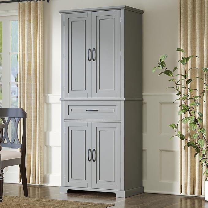 Storage Pantry Cabinet with Door and Shelf Organizer, Kitchen Cupboard for Entryway, Living Room or Bathroom, Adjustable Shelves, Gray