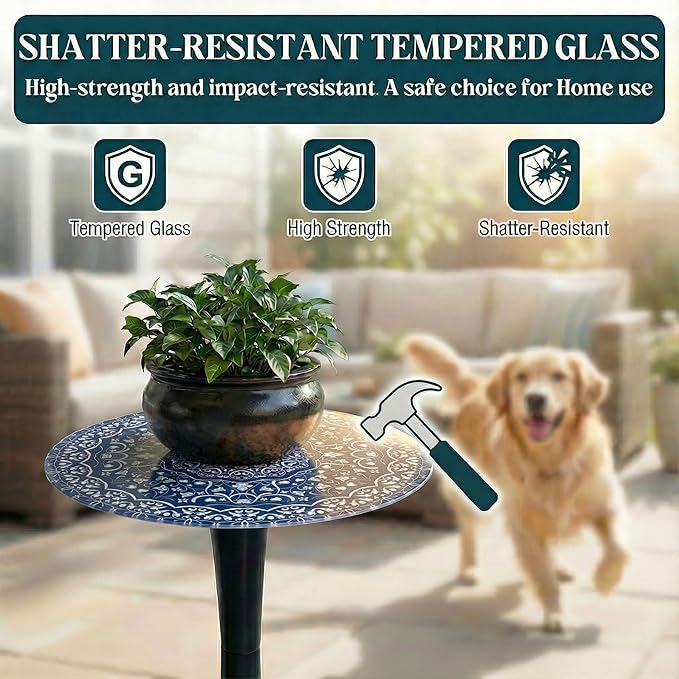 Simmer Stone 13.4" Outdoor Side Table, Round Patio Bistro Table Printed Tempered Glass Top, Waterproof Rust-Proof Base, Small Plant Stand for Balcony, Garden, Deck, 21.6" H (Blue Maze)