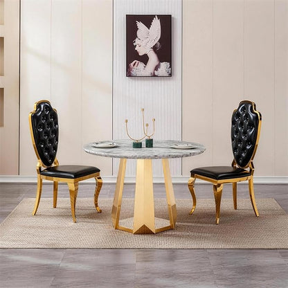 47" Round Marble Dining Table for 4-6, Luxury Modern Kitchen Table with Marble Grain MDF Tabletop & Gold Mirrored Stainless Steel Pedestal Base, Grey Stone Dinner Table for Dining Room (Table Only)