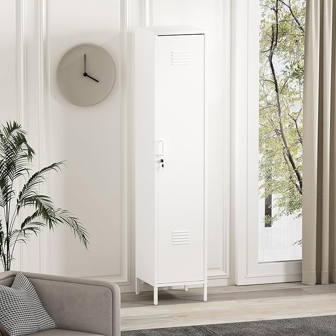 Manhattan Comfort Naomi 72.8'' Tall Storage Cabinet, Single Metal Locker with Lock, Adjustable Shelves, Vented Door & Floor Protectors, Modern Garage & Office Organizer, White