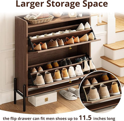 IRONCK Shoe Cabinet Storage with 2 Flip Drawers, Free Standing Wooden Shoe Storage Organizer Cabinet with Rattan Doors for Entryway, Narrow Shoe Rack Cabinet, Walnut