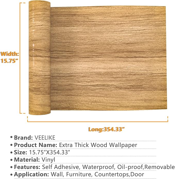 VEELIKE Natural Wood Wallpaper Peel and Stick Wood Contact Paper for Countertops Waterproof Self Adhesive Woodgrain Contact Paper for Cabinets Table Desk Furniture Removable Counter Top 15.7''x354''