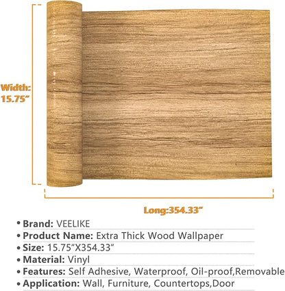 VEELIKE Natural Wood Wallpaper Peel and Stick Wood Contact Paper for Countertops Waterproof Self Adhesive Woodgrain Contact Paper for Cabinets Table Desk Furniture Removable Counter Top 15.7''x354''
