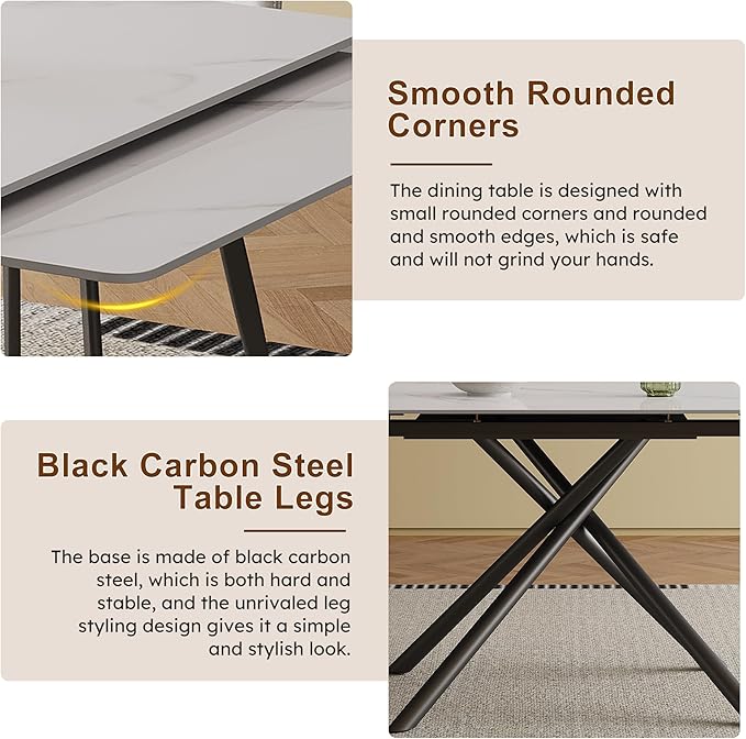 Runboll Extendable Rectangular Dining Table Set for 4, 47"-71" Modern Sintered Stone Kitchen Table with 4 Chairs and Carbon Steel Legs for Dining Room Family Gathering