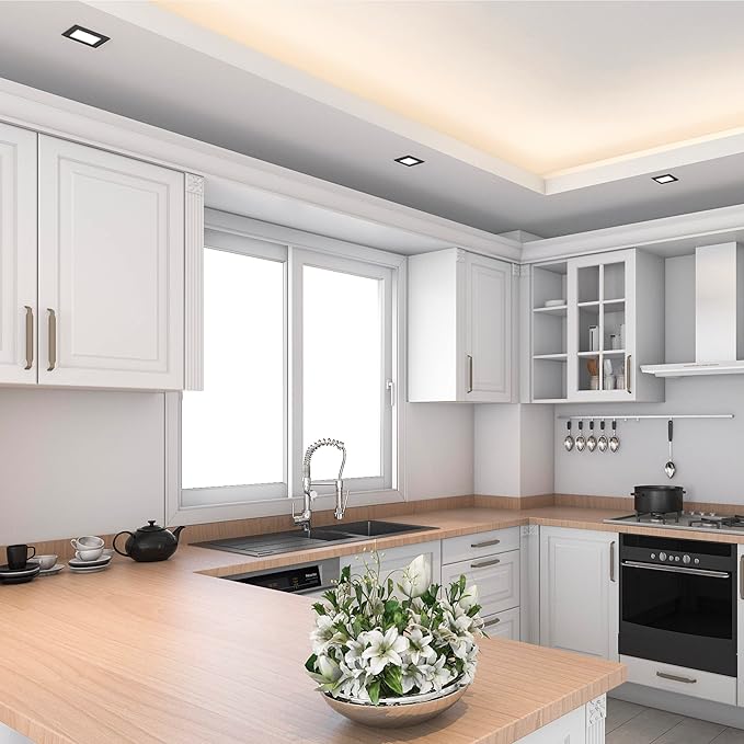 Maxxima 4 in. Square Ultra Thin Recessed LED Downlight - 5 CCT Color Selectable 2700K/3000K/3500K/4000K/5000K, 700 Lumens, Slim Black Trim, Dimmable Ceiling Fixture, Canless IC Rated, J-Box Included