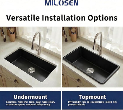 MILOSEN Black Kitchen Sink 27×18×9 Inch, Undermount/Drop In Granite Composite Quartz Single Bowl Sink, Large Deep Undermount Kitchen Sinks with Custom Accessories