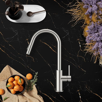 FORIOUS Brushed Nickel Kitchen Faucet with Pull Down Sprayer, Stainless Steel High Arc Gooseneck Modern Sink Faucet with CUPC Ceramic Cartridge, Single Handle and Deck Plate
