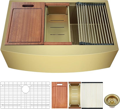CELAENO 33 Inch Gold Farmhouse Sink, Luxury Single Bowl Stainless Steel Apron Front Workstation 16 Gauge, 10" Deep Handmade R10 Radius Farm Sink with Various Accessories