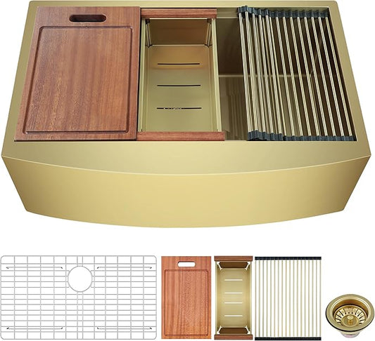 CELAENO 33 Inch Gold Farmhouse Sink, Luxury Single Bowl Stainless Steel Apron Front Workstation 16 Gauge, 10" Deep Handmade R10 Radius Farm Sink with Various Accessories