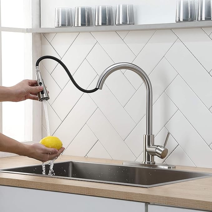 IKEBANA Kitchen Faucet, Brushed Nickel Kitchen Sink Faucet with Pull Down Sprayer, High Arc Single Handle Stainless Steel Pull Out Faucet for Kitchen Sink