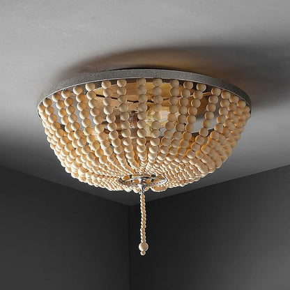JONATHAN Y 15" Antique Silver/Cream Allison 3-Light LED Flush Mount Ceiling Light for Bedroom, Wood Beaded Shade Shabby Chic Farmhouse Rustic Decor, LED Bulbs Included (JYL9019C)