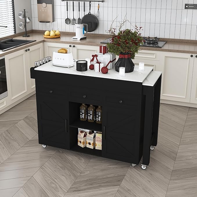 KEIKI 74.8" Kitchen Island with Extendable Dining Table, Rolling Cart with Power Outlet, 3 Drawers & Storage Cabinet on Wheels for Kitchen, Dining Room, Black