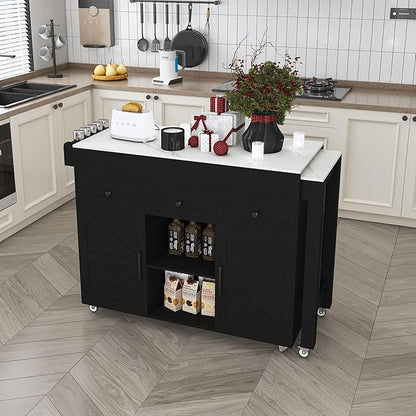 KEIKI 74.8" Kitchen Island with Extendable Dining Table, Rolling Cart with Power Outlet, 3 Drawers & Storage Cabinet on Wheels for Kitchen, Dining Room, Black