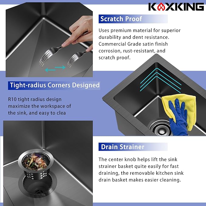 Undermount Wet Bar Sink, 10 x 18 Inch Small Bar Sink Black 18 Gauge T304 Stainless Steel Single Bowl RV Sink with Strainer