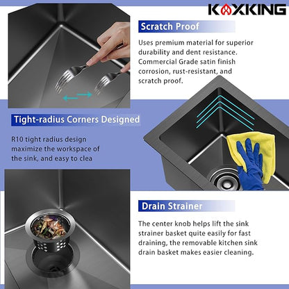 Undermount Wet Bar Sink, 10 x 18 Inch Small Bar Sink Black 18 Gauge T304 Stainless Steel Single Bowl RV Sink with Strainer