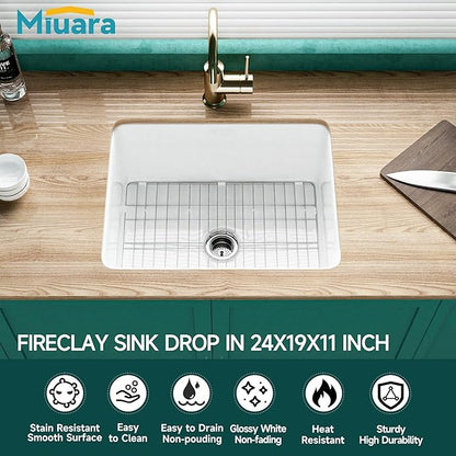 Miuara White Undermount Kitchen Sink 24 Inch - Small Topmount Fireclay Bar Sink Drop In 24"x19"x11", Dual Mount Deep Single Bowl, w 2 Accessories, Glossy White, for Kitchen & Laundry & Small Space