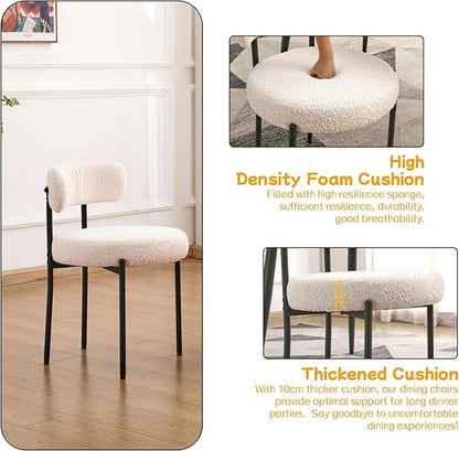 EDWELL White Dining Chairs Set of 4, Modern Dining Room Chairs with 3.94“ Cushions and Metal Legs, Round Upholstered Kitchen Dining Chairs, Ergonomic Backrest Boucle Chairs for Kitchen, Living Room