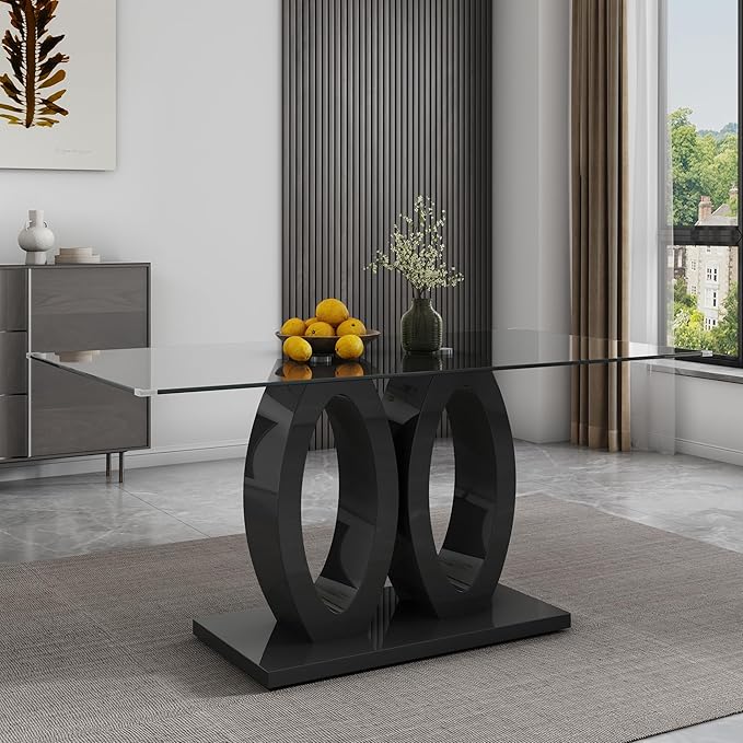 63" Glass Dining Table, Rectangular Kitchen Table with Tempered Glass Tabletop and Black O-Shaped MDF Base, Modern Dining Room Table for Kithchen, Living Room