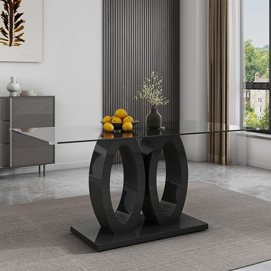 63" Glass Dining Table, Rectangular Kitchen Table with Tempered Glass Tabletop and Black O-Shaped MDF Base, Modern Dining Room Table for Kithchen, Living Room