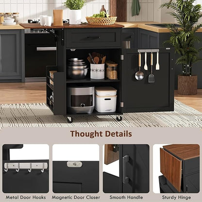 39.3" Farmhouse Kitchen Island with Drop Leaf and Open Side Rack, Small Kitchen Rolling Cart with Drawer and Storage Cabinet, Mobile Dining Table with Lockable Wheels and Towel Rack for Garden Black