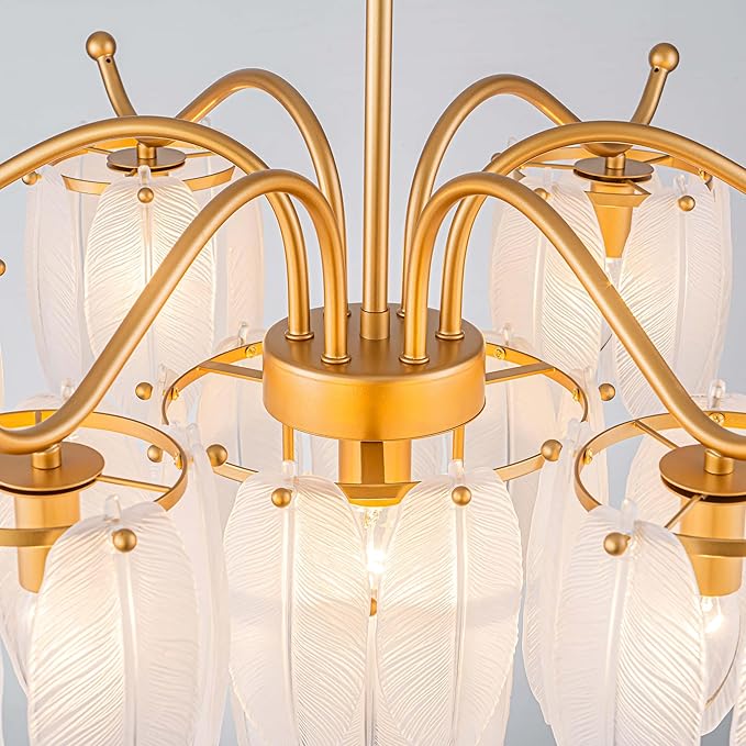 LumFurn D29inch Glass Chandelier, 7-Light Modern Pendant Light Fixture for Dining Room, Living Room, D29 x H27~72 inch Adjustable Height, Frosted Feather-Shaped Glass Shade & Brass Finish Frame