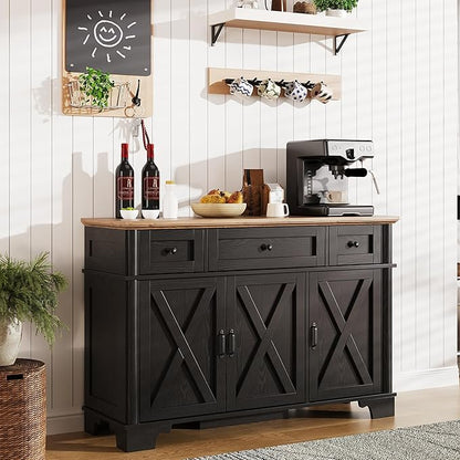 BestHaped Farmhouse Buffet Cabinet with Storage, Black Sideboard Buffet Cabinet with Adjustable Shelves & 3 Drawers, Buffet Table Coffee Bar Wine Bar Storage for Kitchen & Living Room, 47 Inch