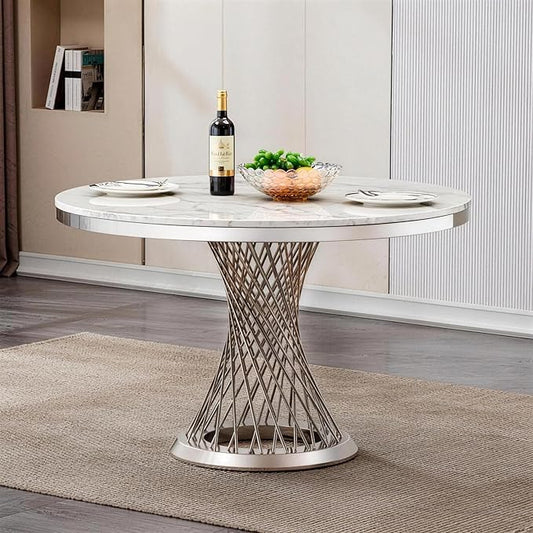 47" Round Marble Dining Table for 4-6, Luxury Modern Kitchen Table with Marble Grain MDF tabletop & Silver Mirrored Stainless Steel Pedestal Base, White Stone Dinner Table for Dining Room (Table Only)
