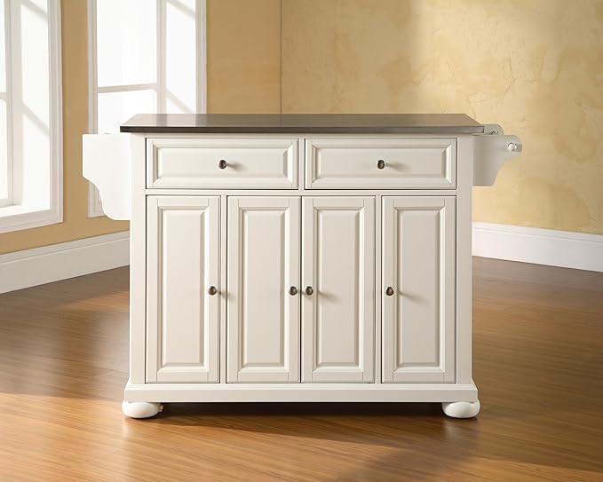 Crosley Furniture Alexandria Stainless Steel Top Rolling Kitchen Island Storage Cart, Spice Rack, White