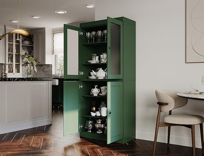 Palace Imports 100% Solid Wood Kitchen Pantry w/ 2 Frosted Glass Doors & Bottom Wooden Storage Cabinet, Green, 32" w x 71.5" h, Renewable Eco-Friendly Wood, Made in Brazil