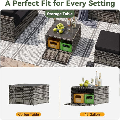 Aoxun 7 Piece Patio Furniture Set, All-Weather Wicker Outdoor Furniture 6 Seats Patio Conversation Sets with Storage Coffee Table, Outdoor Sectional Sofas for Backyard Garden(Grey/Black)