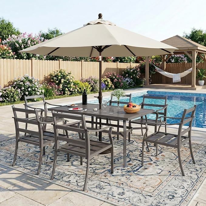 EROMMY 7-Piece Outdoor Patio Dining Set for 6, 6 Metal Slat Chairs & Rectangular Table with Umbrella Hole, Heavy-Duty Patio Furniture for Backyard, Deck and Garden