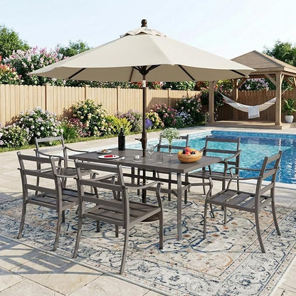 EROMMY 7-Piece Outdoor Patio Dining Set for 6, 6 Metal Slat Chairs & Rectangular Table with Umbrella Hole, Heavy-Duty Patio Furniture for Backyard, Deck and Garden