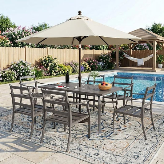 EROMMY 7-Piece Outdoor Patio Dining Set for 6, 6 Metal Slat Chairs & Rectangular Table with Umbrella Hole, Heavy-Duty Patio Furniture for Backyard, Deck and Garden