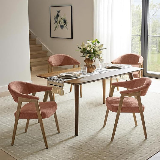 HULALA HOME Dining Chairs Set of 4, Mid-Century Modern Upholstered Dining Room Chair with Armrest, Curved Backtrst & Solid Wood Legs, Kitchen Side Chairs for Resurant, Living Room - Coral